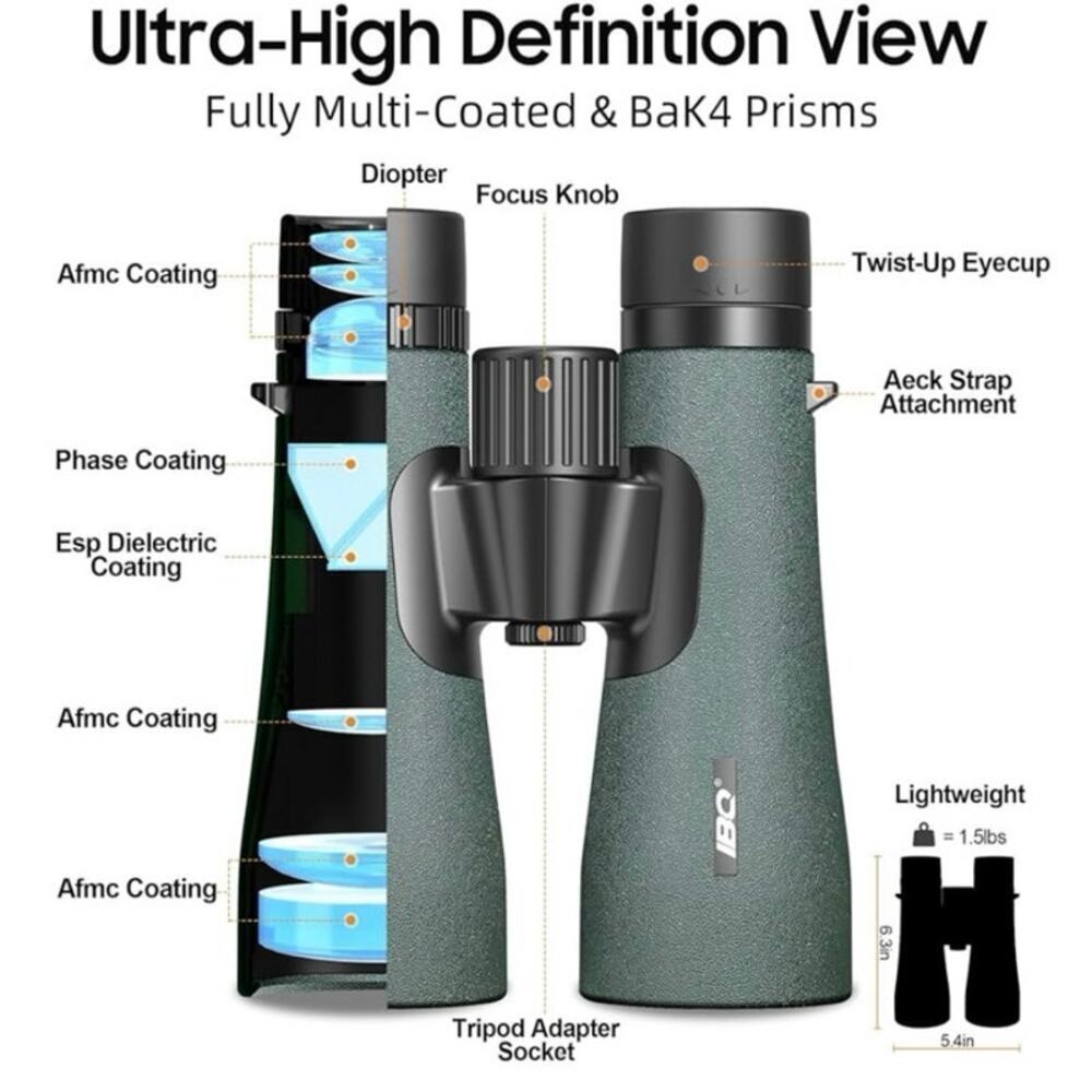 IBQ 12x50 Eagle Binoculars w/ Phone Adapter Waterproof Fogproof Lightweight NEW - Picture 9 of 14
